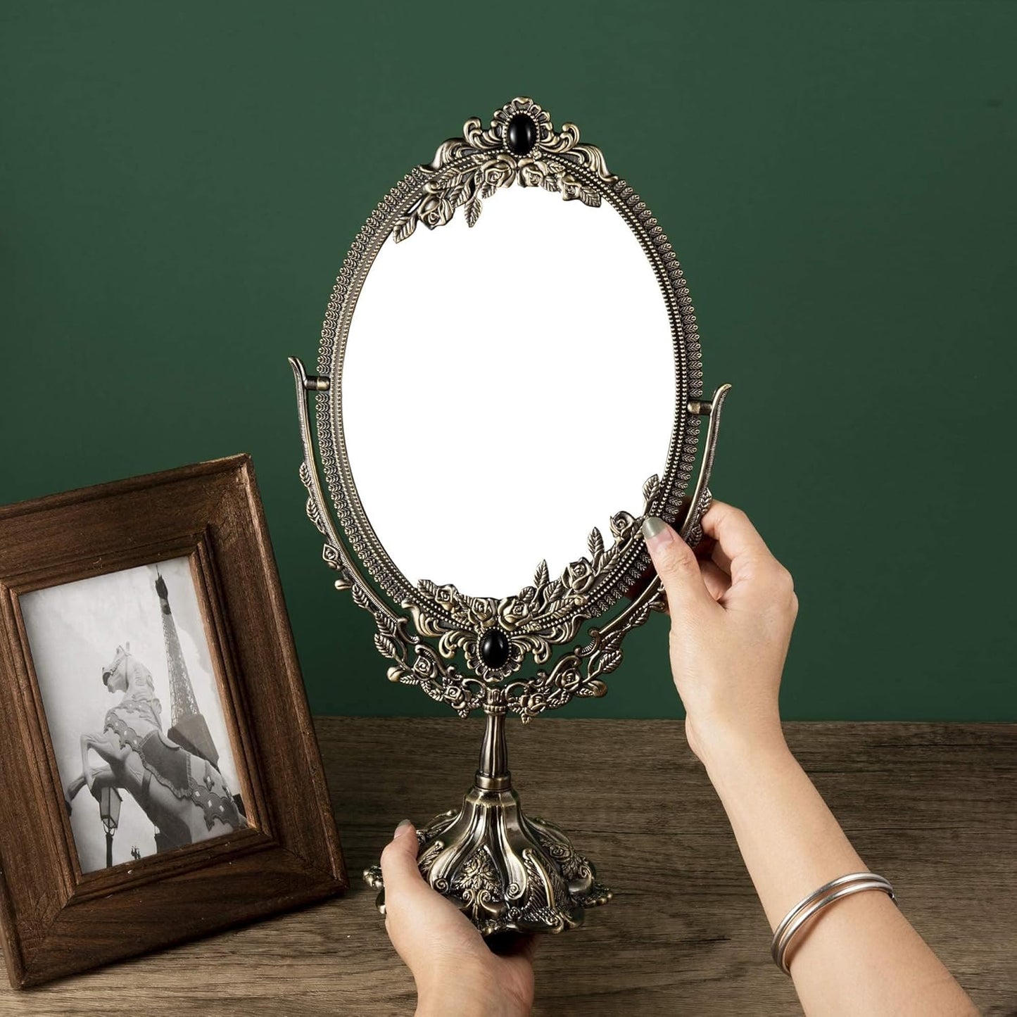 Metal Vintage Makeup Mirror Tabletop Oval Cosmetic Vanity Mirror Stand Double Sided Swivel Mirror with Embossed Frame Base Decorative Elegant Mirror for Bathroom Bedroom Dresser Tabletop