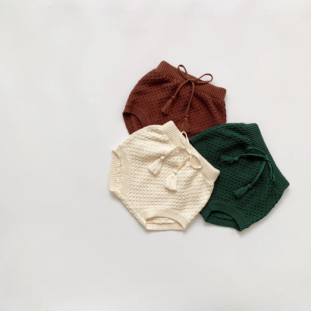 Vintage Baby Shorts Summer Autumn Cotton Knit Elastics Kids Short Pants Cozy Infant Tassel Belt Bloomers Children Warm Clothes