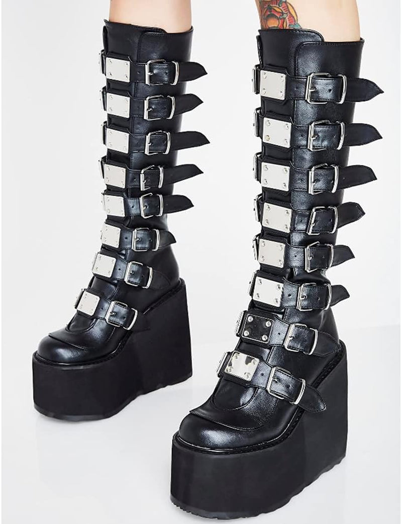 Women'S Punk Goth Platform Boots Buckle Straps Back Zipper Gothic Boots Ladies Rivets Metal Decoration Long Boots Knee High Tall Boots Combat Boots