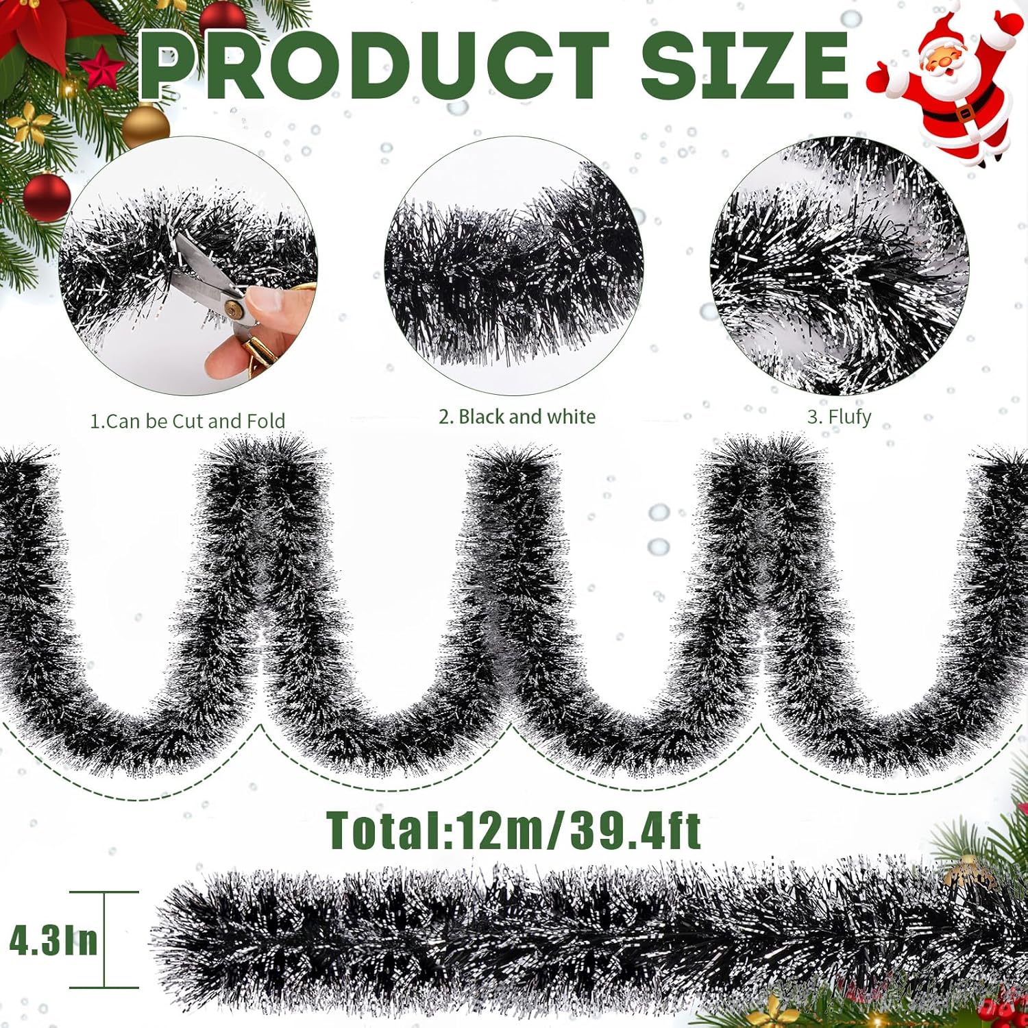 39.4FT Christmas Tinsel Garland Xmas Tree Decorations Black and White Metallic Tinsel Twist Garland Christmas Tree Decorations for Home Indoor Outdoor Holiday Halloween Party