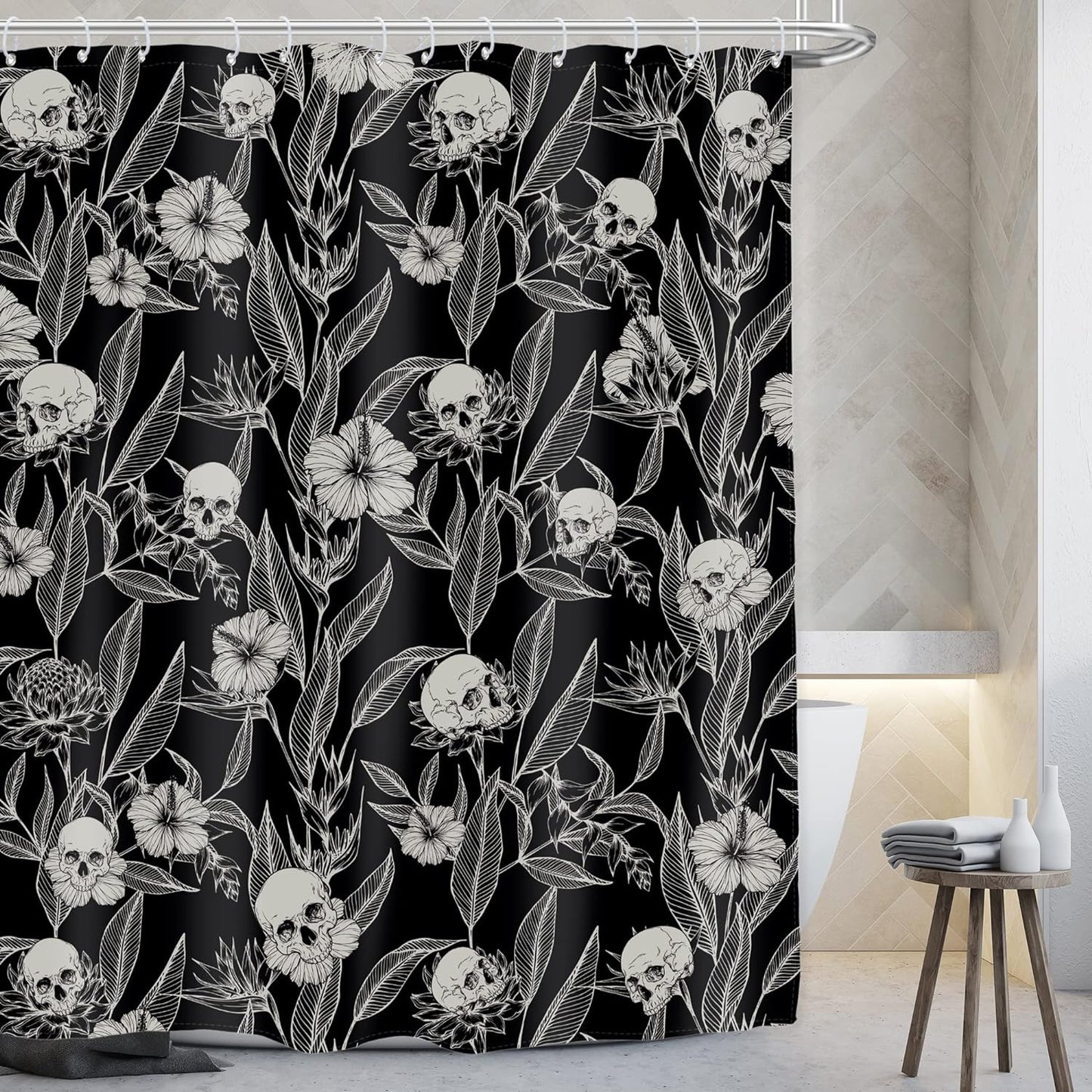 Halloween Skull Shower Curtain Floral Sugar 60Wx72L Inch Black White Gothic Bathroom Decor Goth Rose Skeleton Spooky Men Shower Curtains Flower Fabric Bath Accessories 12 Plastic Hooks