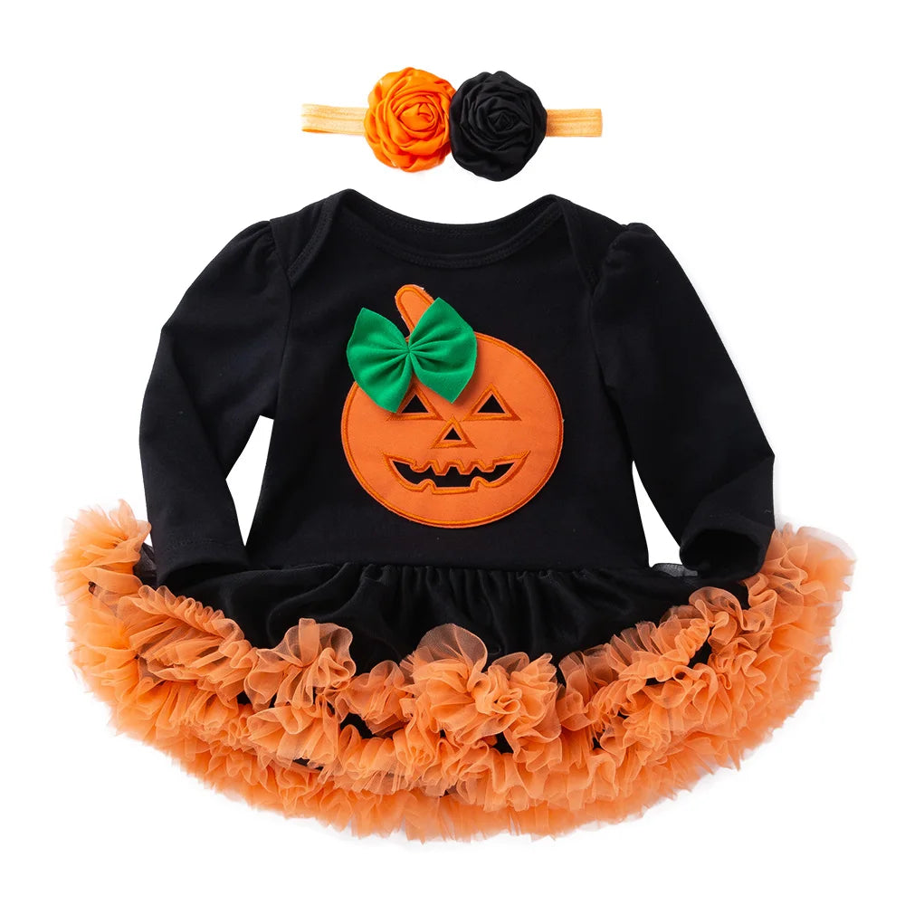 Halloween Baby Costume Girls Rompers Dresses Newborn Pumpkin Black Jumpsuits Dress Infant Cartoon Printed Children Party Outfit