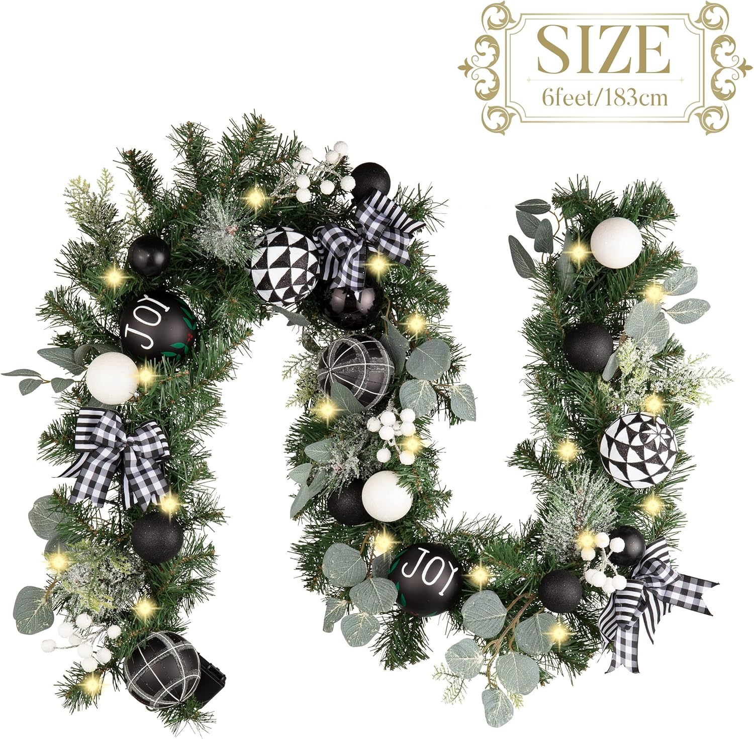 6 Feet Pre Lit Christmas Garland for Mantle with Lights, Lighted Xmas Garland with Black White Balls for Front Door Fireplace Table Centerpiece Outdoor Party Decoration Indoor