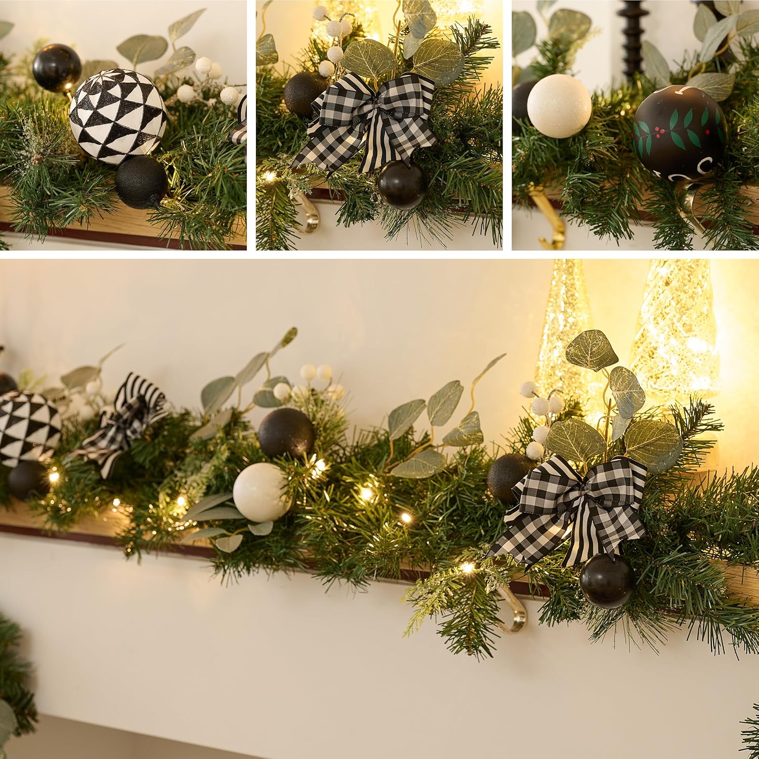 6 Feet Pre Lit Christmas Garland for Mantle with Lights, Lighted Xmas Garland with Black White Balls for Front Door Fireplace Table Centerpiece Outdoor Party Decoration Indoor