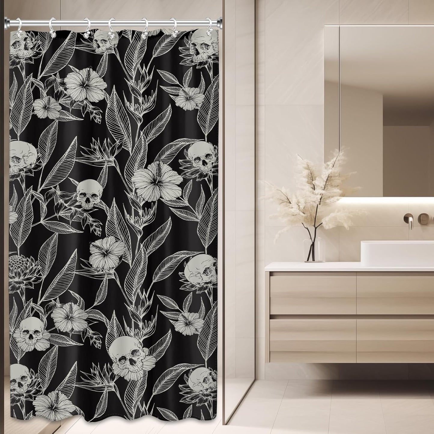 Halloween Skull Shower Curtain Floral Sugar 60Wx72L Inch Black White Gothic Bathroom Decor Goth Rose Skeleton Spooky Men Shower Curtains Flower Fabric Bath Accessories 12 Plastic Hooks