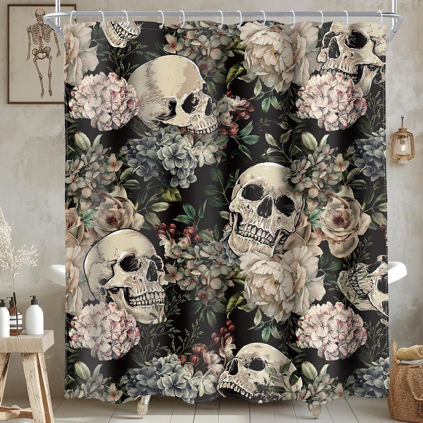 Halloween Skull Shower Curtain Floral Sugar 60Wx72L Inch Black White Gothic Bathroom Decor Goth Rose Skeleton Spooky Men Shower Curtains Flower Fabric Bath Accessories 12 Plastic Hooks