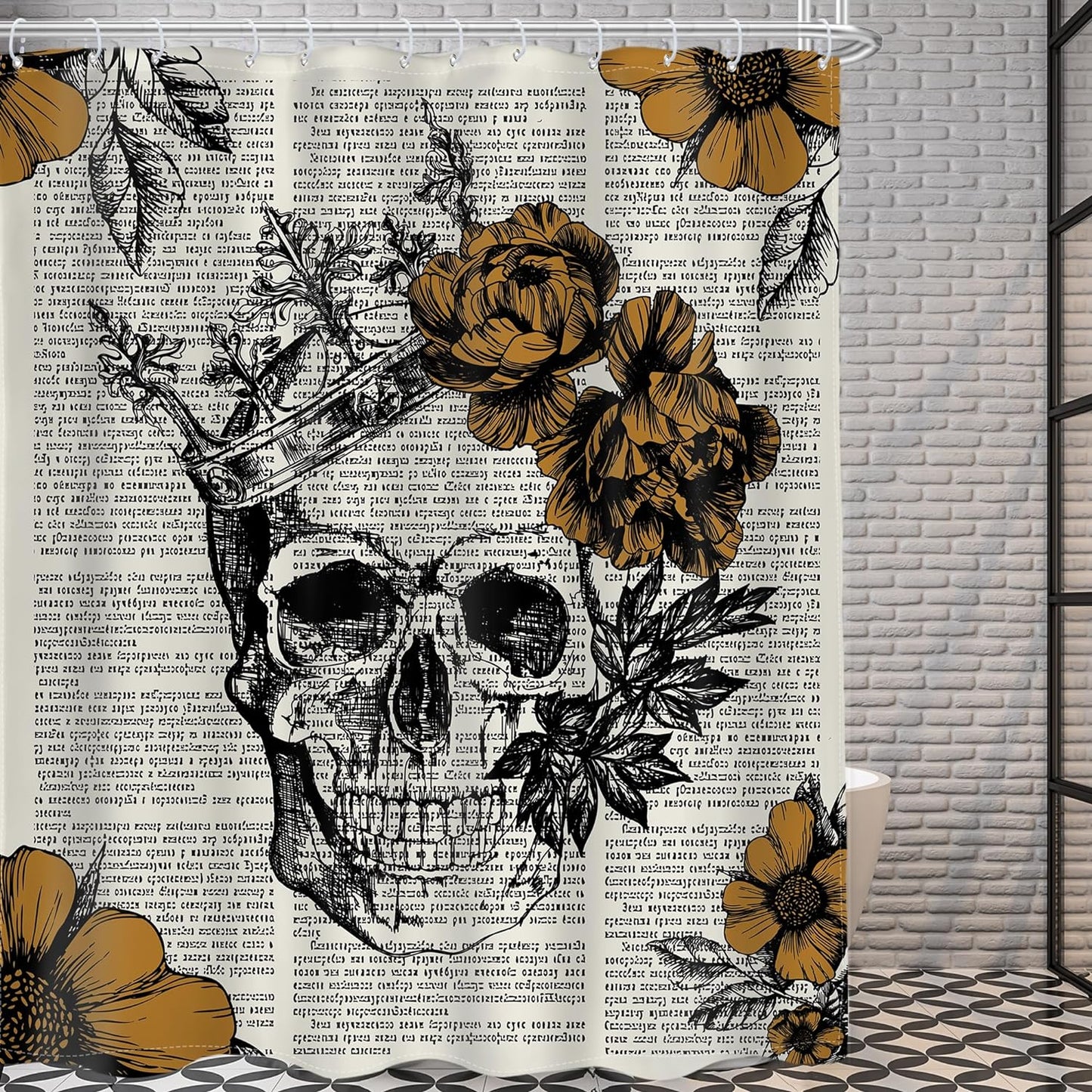 Halloween Skull Shower Curtain Floral Sugar 60Wx72L Inch Black White Gothic Bathroom Decor Goth Rose Skeleton Spooky Men Shower Curtains Flower Fabric Bath Accessories 12 Plastic Hooks