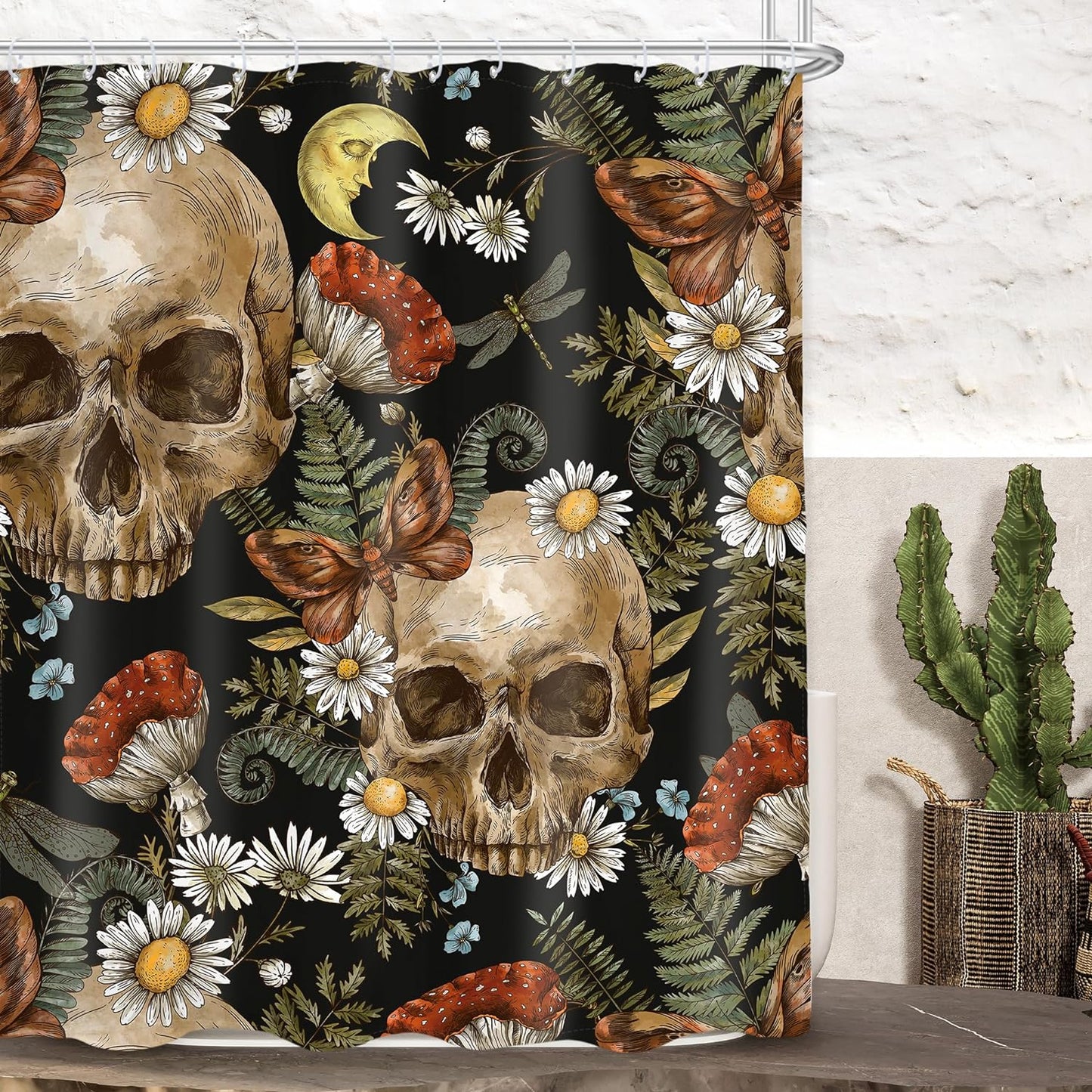 Halloween Skull Shower Curtain Floral Sugar 60Wx72L Inch Black White Gothic Bathroom Decor Goth Rose Skeleton Spooky Men Shower Curtains Flower Fabric Bath Accessories 12 Plastic Hooks