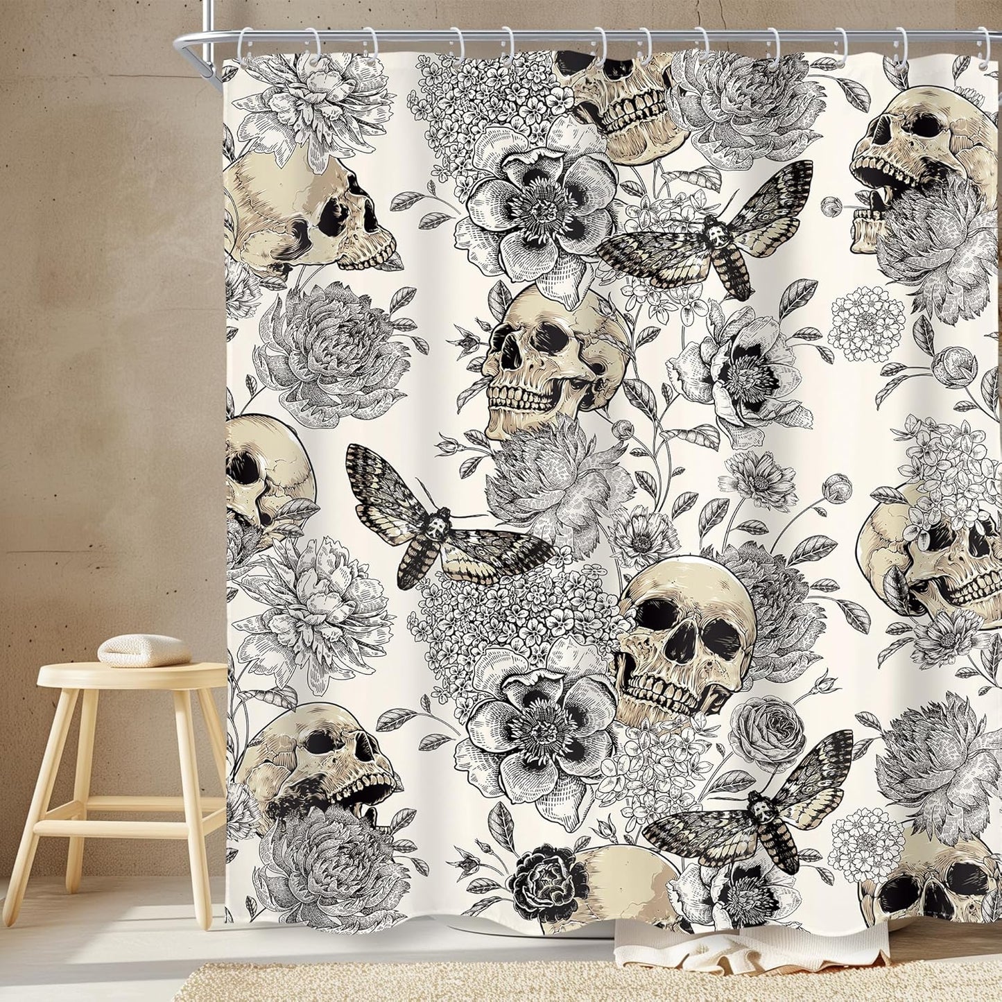 Halloween Skull Shower Curtain Floral Sugar 60Wx72L Inch Black White Gothic Bathroom Decor Goth Rose Skeleton Spooky Men Shower Curtains Flower Fabric Bath Accessories 12 Plastic Hooks