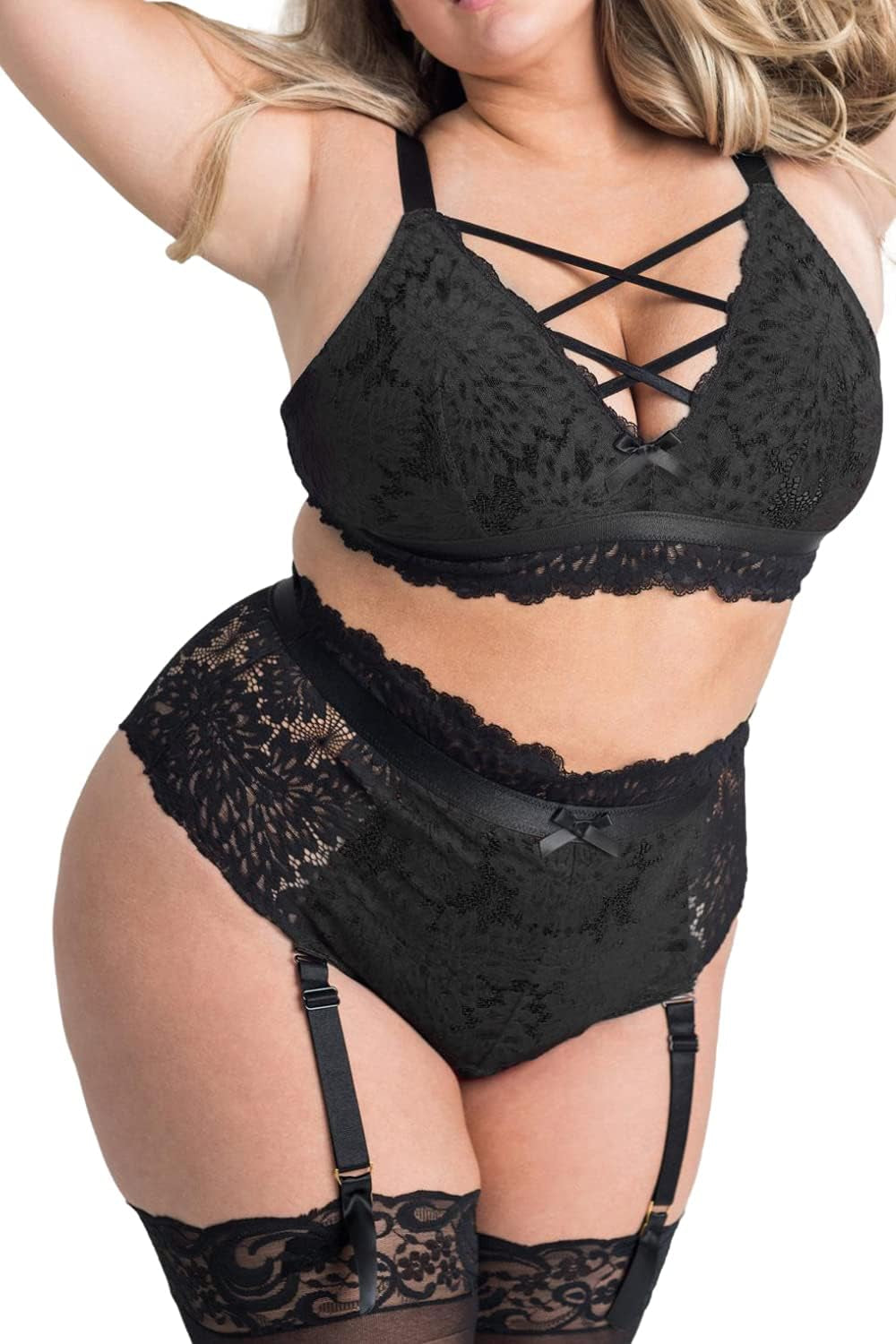 plus Size Lingerie for Women - Sexy Luxe Criss-Cross Bra Lace Cup Classic Underwear High Waisted Suspender Set