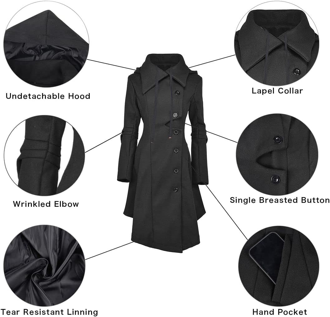 Women'S Trench Coat Goth Wool Blend Pea Jacket Victorian Long Fitted Trenchcoat Hood Winter Steam Punk Lapel Outwear