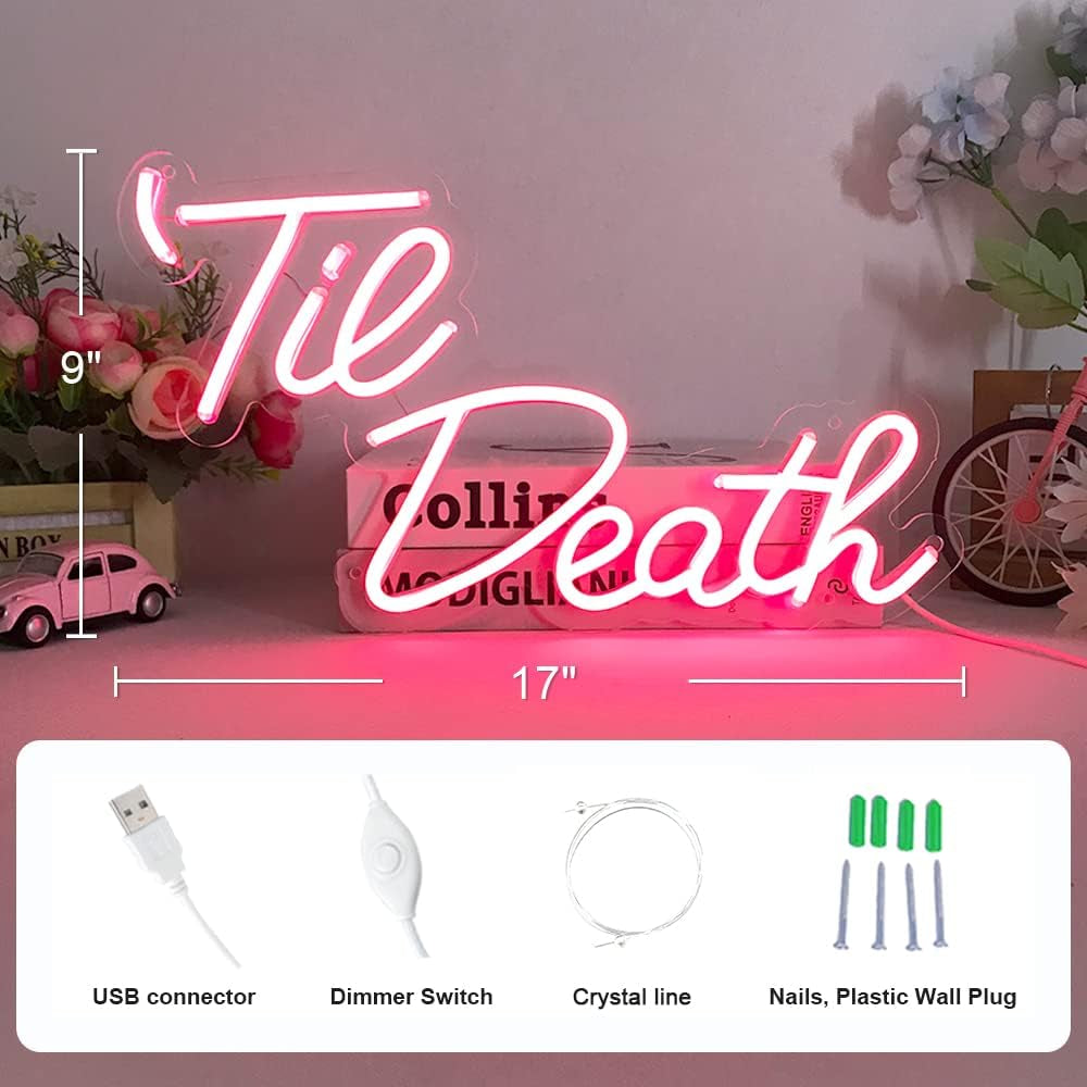 Til Death Neon Sign for Wedding Decor, 17"X9" Unique Pink 'Til Death LED Signs for Bedroom Engagement Party Wedding Reception, Romantic Wedding Gifts