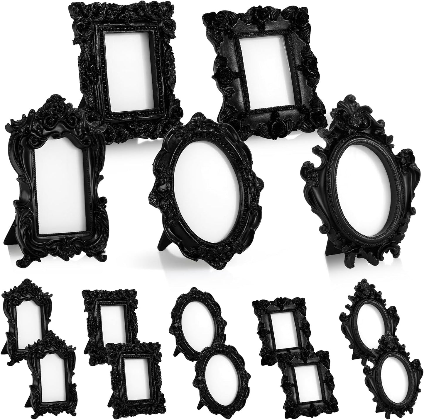 Mini Picture Frames Vintage Tiny Frames Antique Photo Frame Baroque Ornate Resin Oval Frame Table Top Display Frame Home Wedding Decor(Black, 15 Pcs)