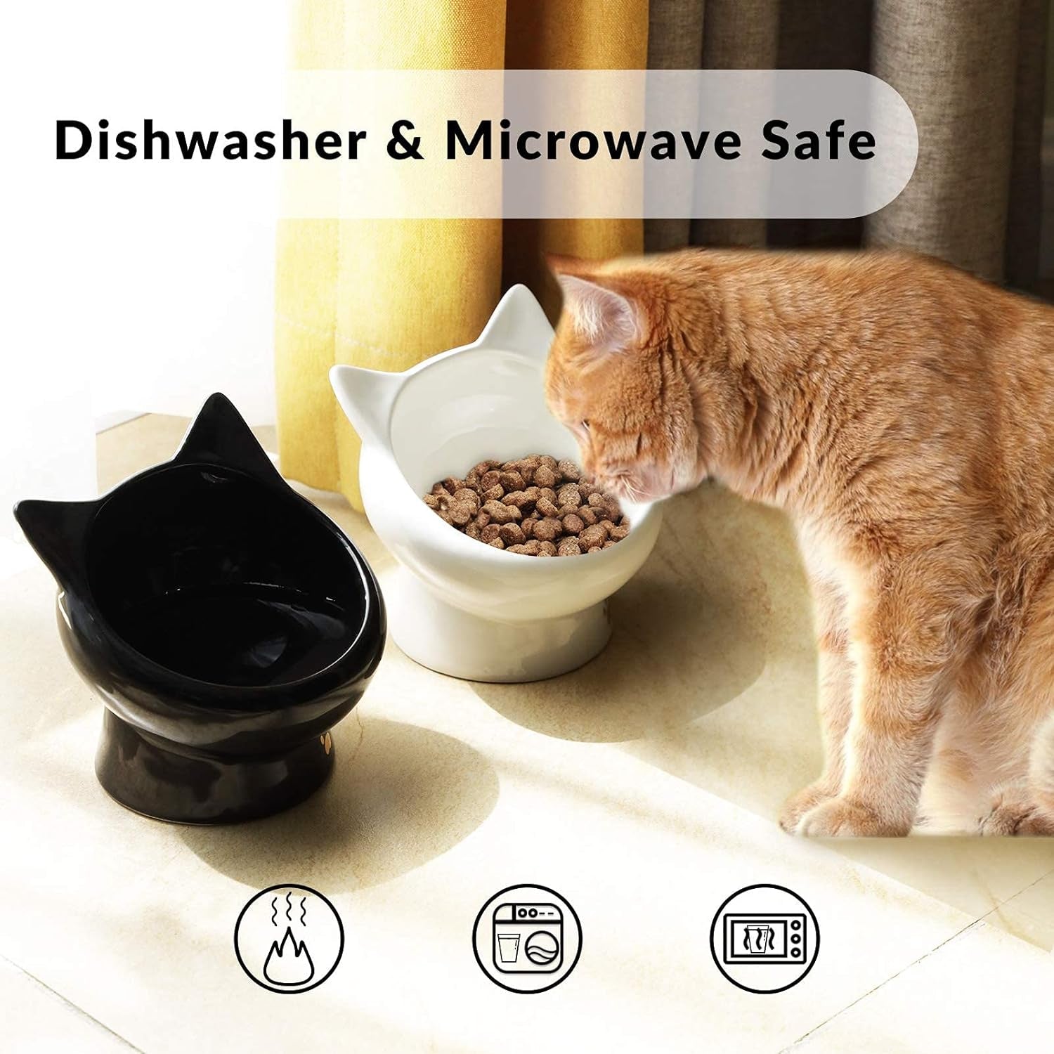 Cat Bowls for Indoor Cats, 2 Pack Ceramic Raised Slanted Cat Food Bowl Elevated Tilted Whisker Friendly, anti Vomiting Cat Feeding Bowl, Black White Pet Kitty Water Bowl,Ergonomic Cat Dishes Plate Set