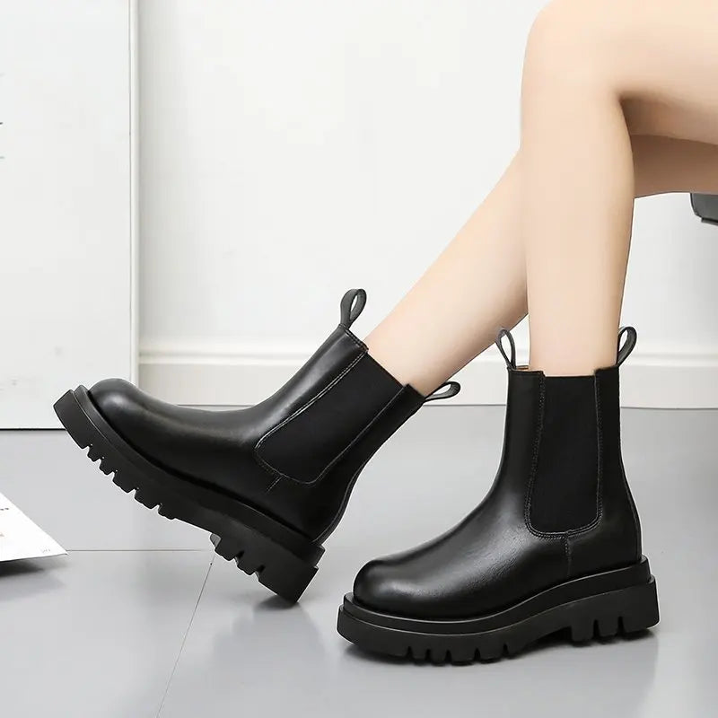 2021 Female Fashion Platform Booties New Chunky Boots Women Winter Shoes PU Leather Plush Ankle Boots Black Boots