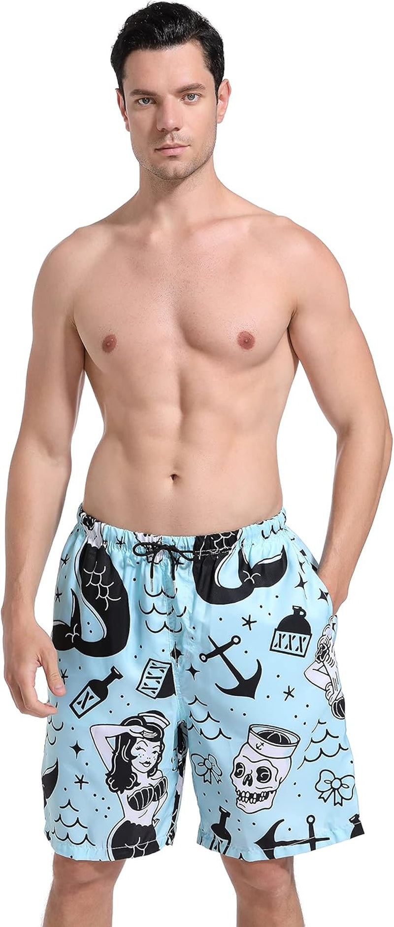 Mens Mermaid and Skull Swim Trunks Board Shorts Beach Swimwear Bathing Suit with Mesh Lined and Pockets