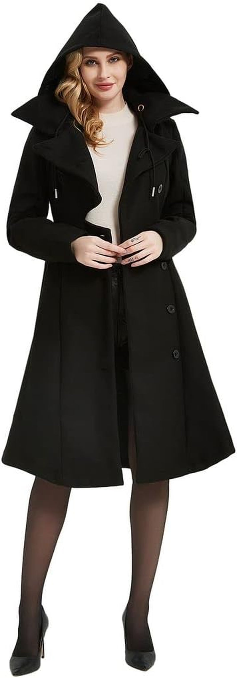 Women'S Trench Coat Goth Wool Blend Pea Jacket Victorian Long Fitted Trenchcoat Hood Winter Steam Punk Lapel Outwear