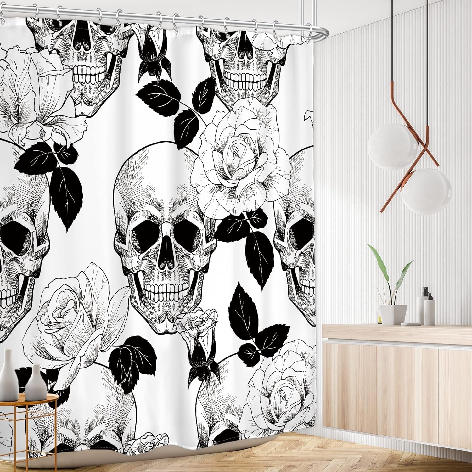 Halloween Skull Shower Curtain Floral Sugar 60Wx72L Inch Black White Gothic Bathroom Decor Goth Rose Skeleton Spooky Men Shower Curtains Flower Fabric Bath Accessories 12 Plastic Hooks