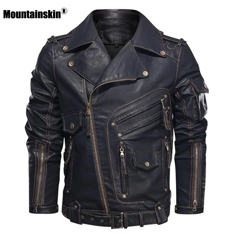 Winter Mens Leather Jacket Men Fashion Motorcycle PU Leather Jacket Cool Zipper Pockets Leather Coats EU Size SA968