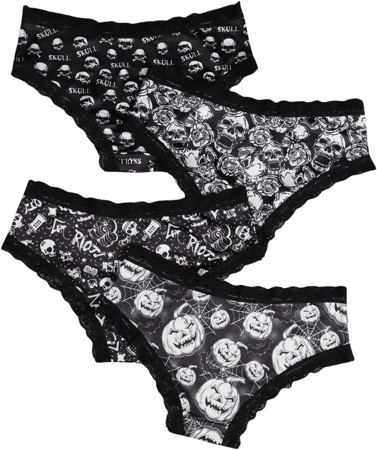 Women'S 4 Pieces Gothic Lace Hipster Panties Set Low Rise Halloween Skull Underwear