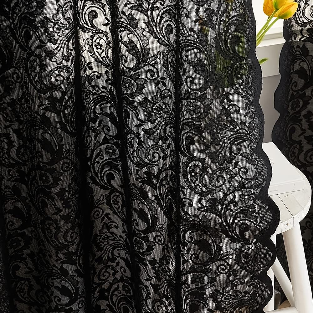 Black Lace Curtains 63 Inch Length Elegant Vintage Floral Sheer Curtain Panels for Halloween Luxury Gothic Curtains for Bedroom Witchy/Goth Room Decor, 52 X 63 Black