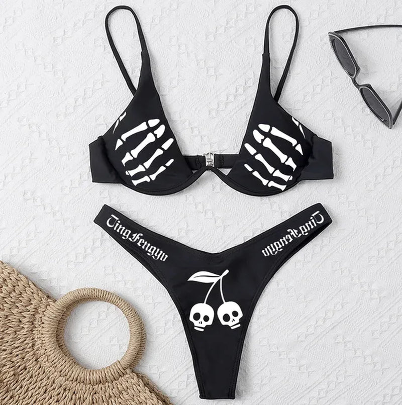 High Waist Sleeveless Gothic Emo Swimsuit Strap Beachwear Sexy Goth Women Two-Piece Skull Print Bikini Suit Split Bathing Suit