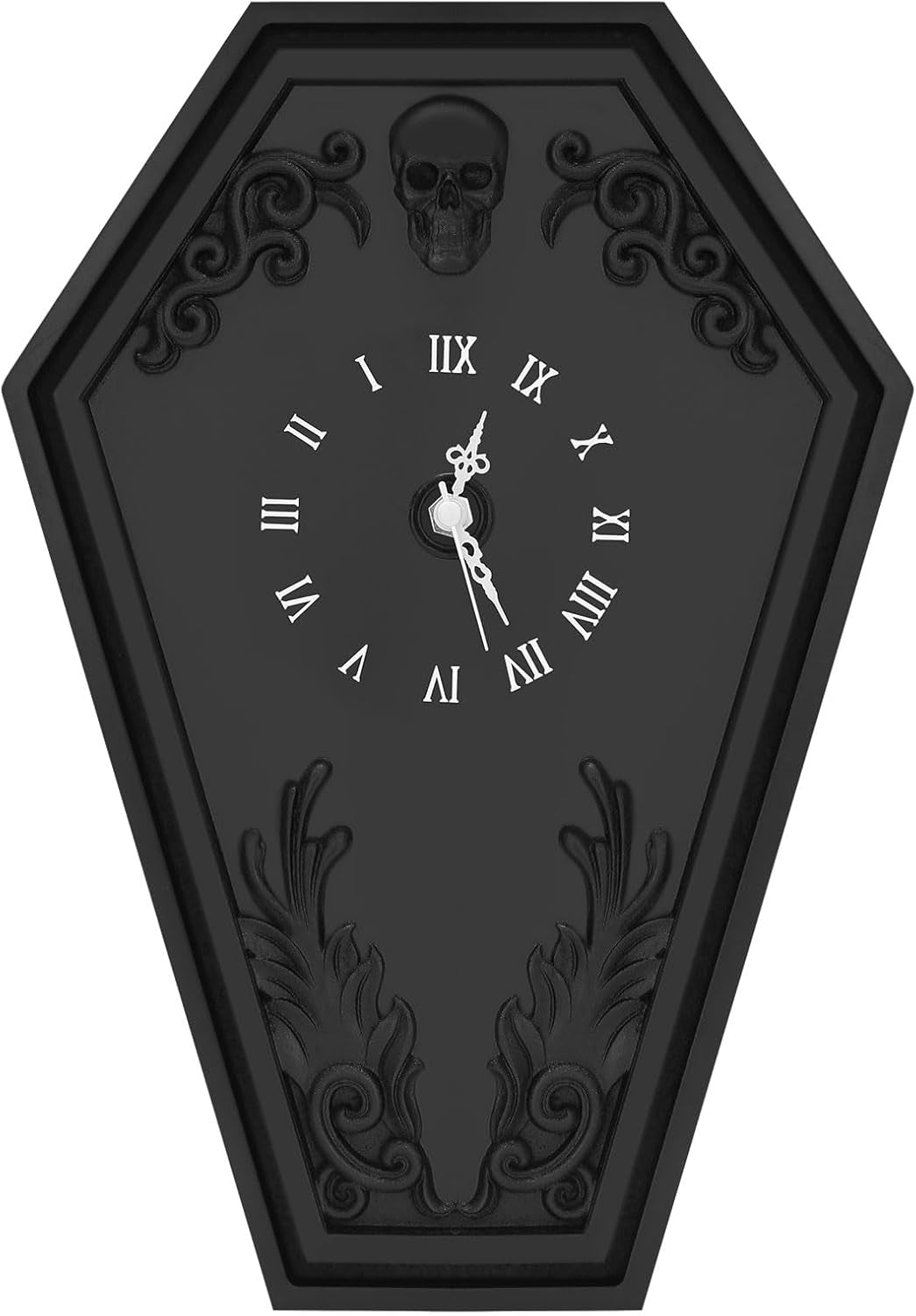 Coffin Shape Skull Clock,Gothic Theme Decor Wall Art Decorations for Indoor Bathroom Bedroom,Steampunk Baroque Black Resin,Dark Aesthetics Gift for Alternative Horror Lovers (AA Battery NOT Included)