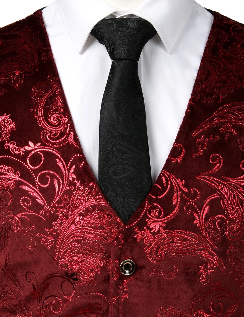 Mens Red Paisley Bronzing Vest Single Breasted V-Neck Wedding Suit Vests Men Gothic Aristocrat Steampunk Victorian Gilet Homme