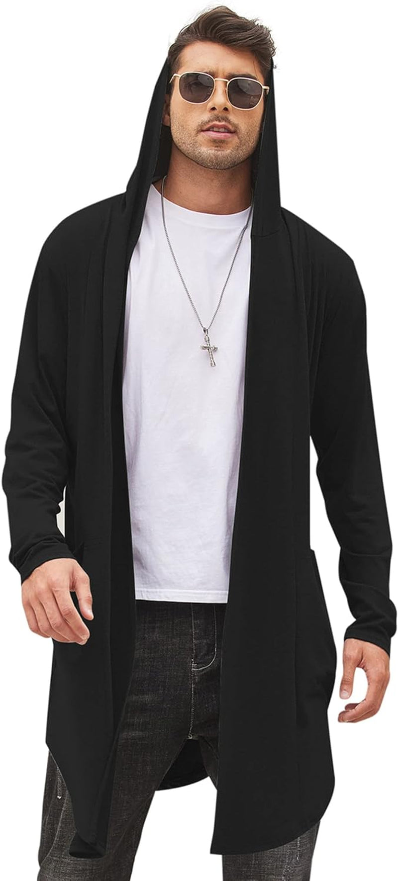 Men'S Long Hooded Cardigan Shawl Collar Lightweight Open Front Drape Cape Overcoat with Pockets