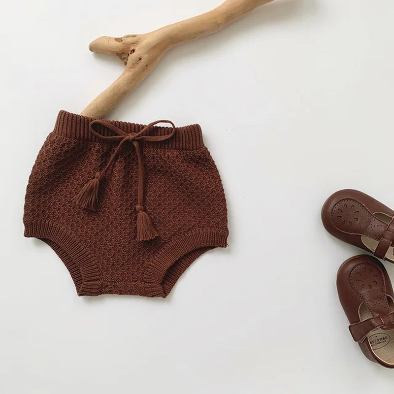 Vintage Baby Shorts Summer Autumn Cotton Knit Elastics Kids Short Pants Cozy Infant Tassel Belt Bloomers Children Warm Clothes