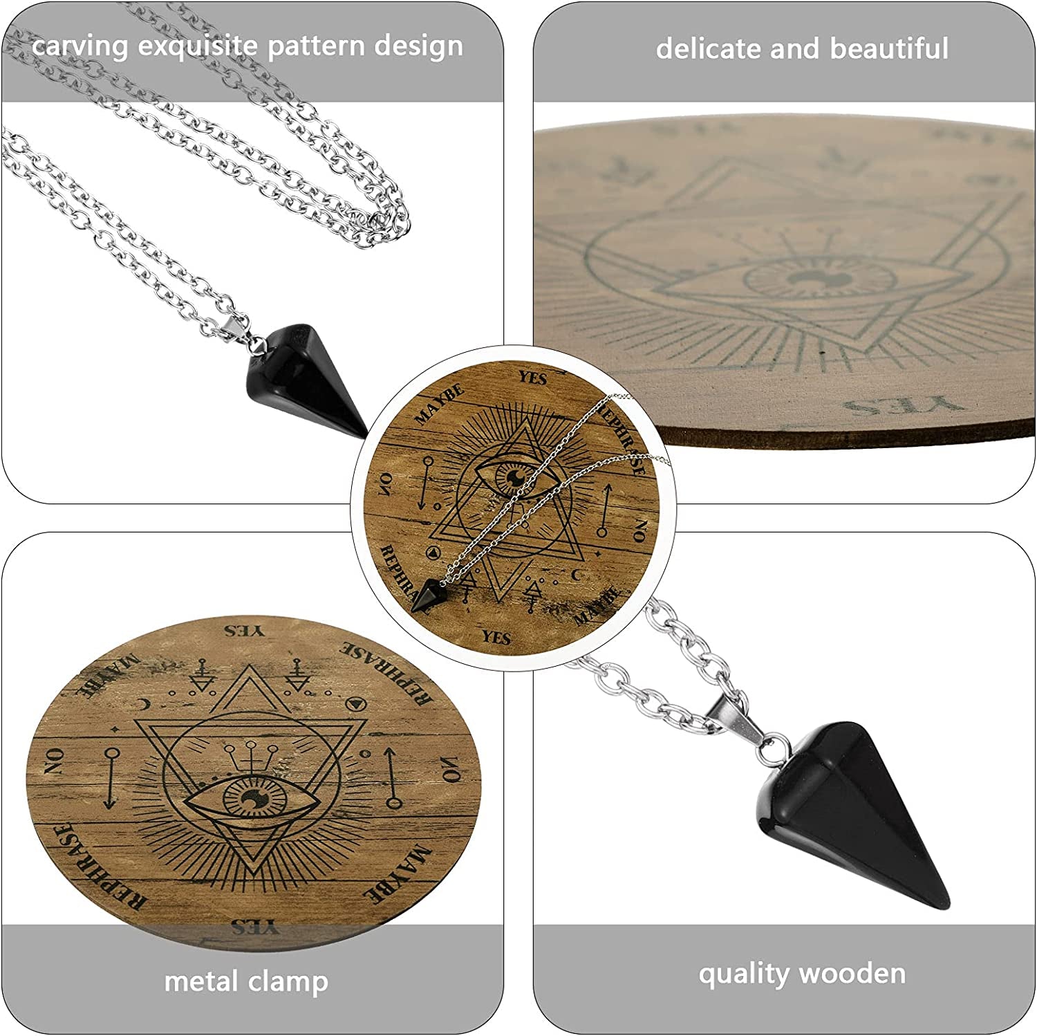 Wooden Pendulum Board Dowsing Divination Pendulum Witchcraft Altar Supplies with Crystal Necklace and Wooden Pendulum Board Metaphysical Message Board Kit, 6 Inch (White)