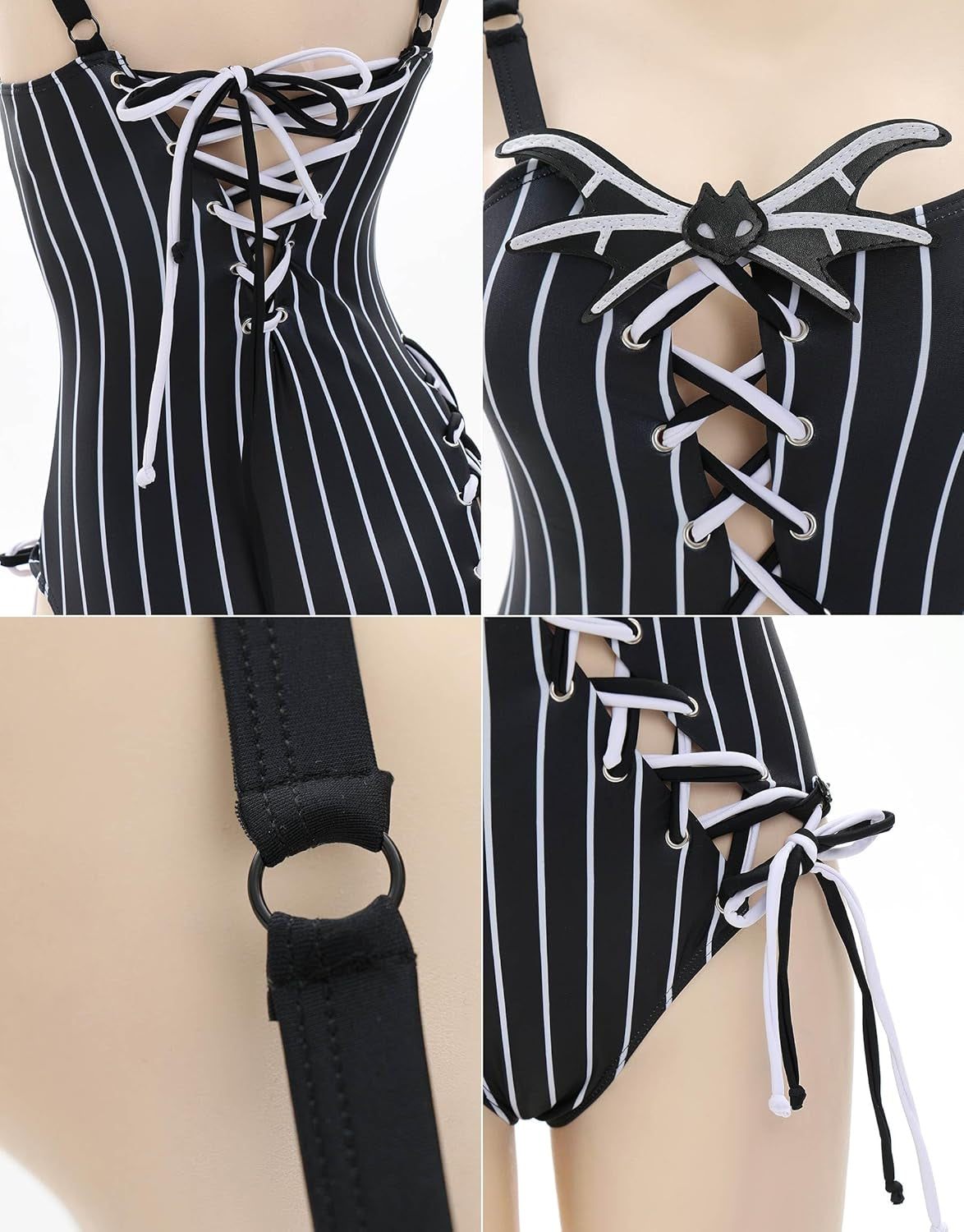 MEOWCOS Women'S One Piece Swimsuits Gothic Black and White Striped Decoration Bathing Suit with Accessories