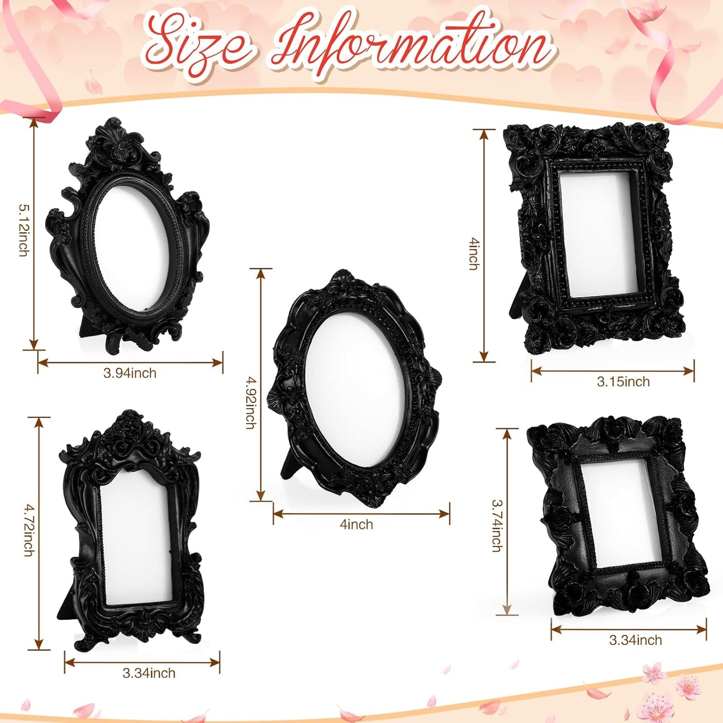 Mini Picture Frames Vintage Tiny Frames Antique Photo Frame Baroque Ornate Resin Oval Frame Table Top Display Frame Home Wedding Decor(Black, 15 Pcs)