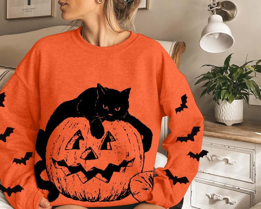 Black Cat on Pumpkin Sweatshirt Halloween Sweatshirts for Women Fall Pumpkin Face Tee Lightweight Pullover Tops