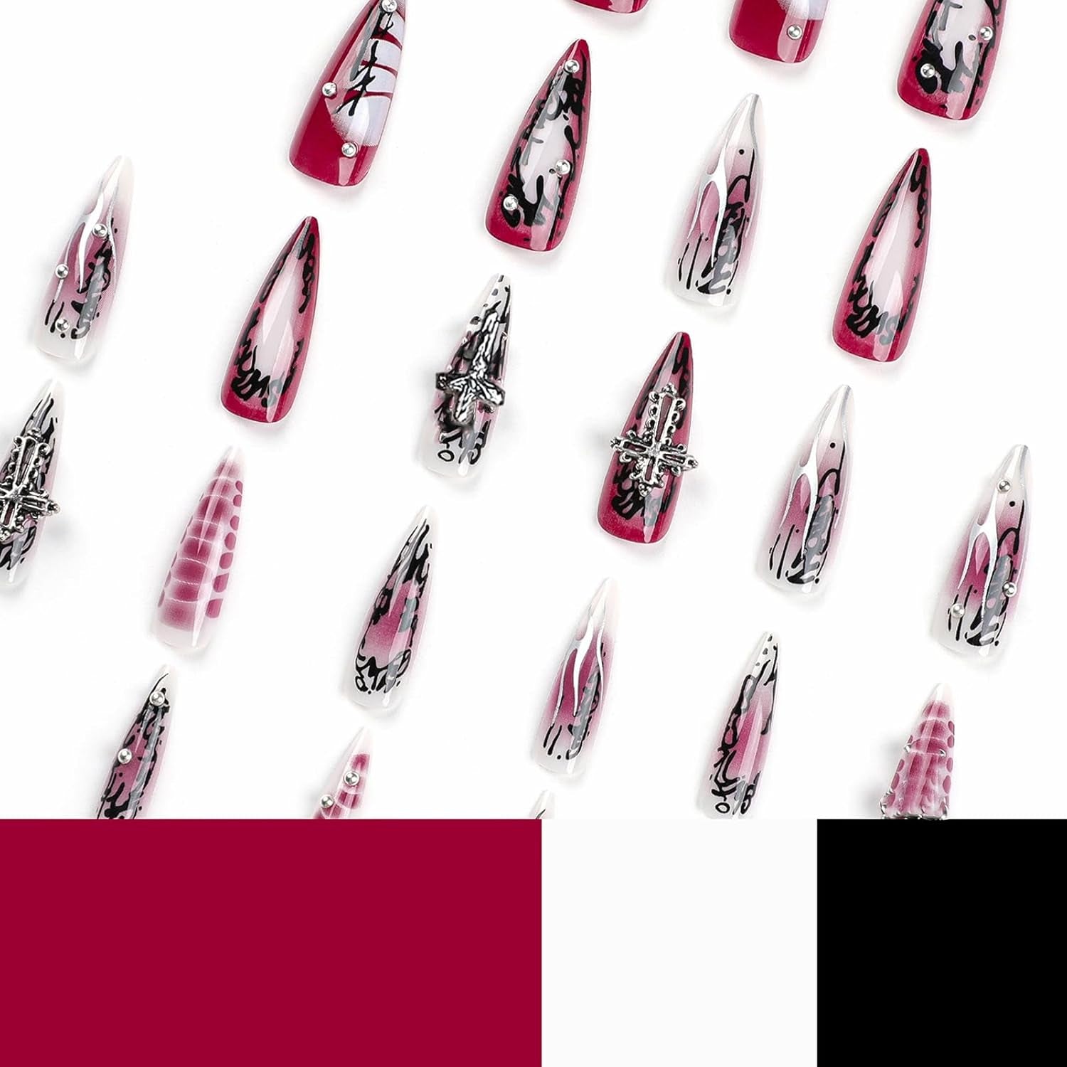 Press on Nails Long Stiletto Fake Nails Glossy Glue on Nails Goth Red Black Ombre Acrylic Nails Gothic Cross Almond Artificial Nails Silver Chrome Swirl Stick on False Nails with Design 24 Pcs