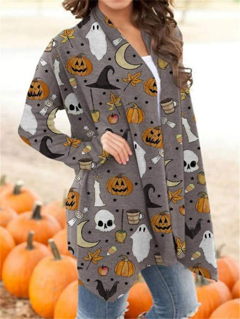 Women'S Halloween Cat Pumpkin Cardigan Long Sleeve Open Front Knit Outwear Coat plus Size Knitting Sweater Top