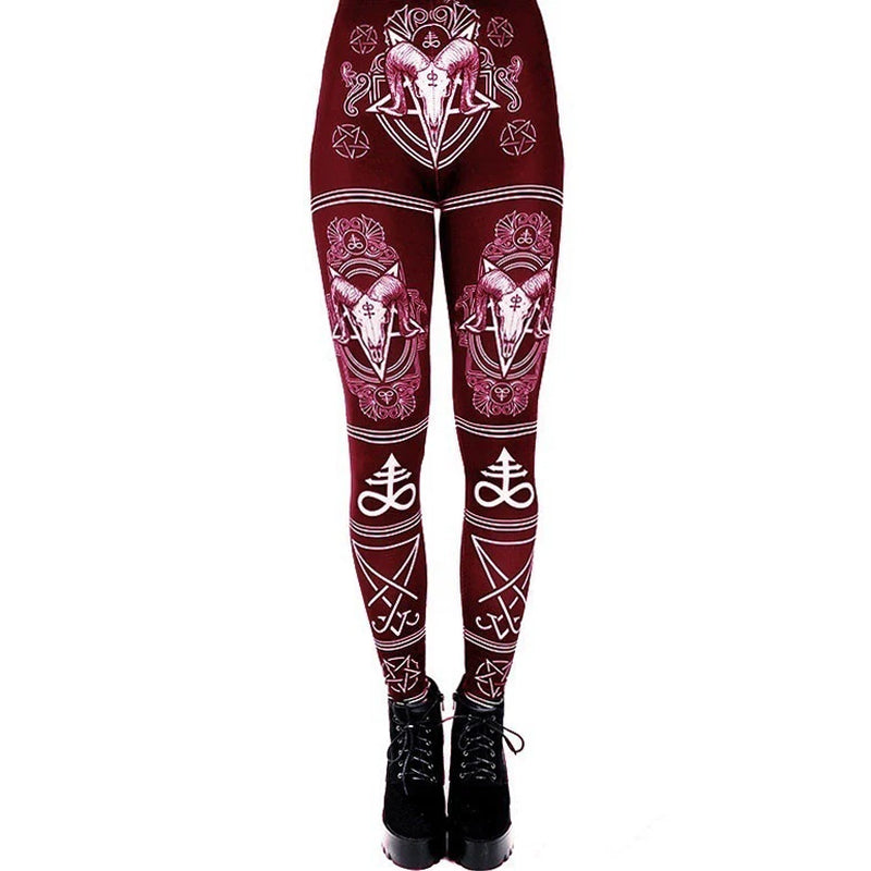 Gothic Ouija Printed Leggings Goat Horn Workout Pants Women Elastic Hexagram Trousers Black Bottoms Female