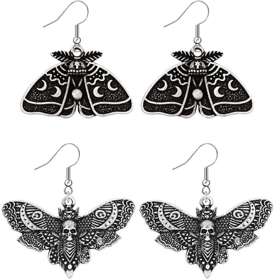 2 Pairs Goth Butterfly Dangle Earrings Luna Moth Earrings Crescent Moon Star Drop Earrings Punk Skull Pendant Earrings for Women - Silver