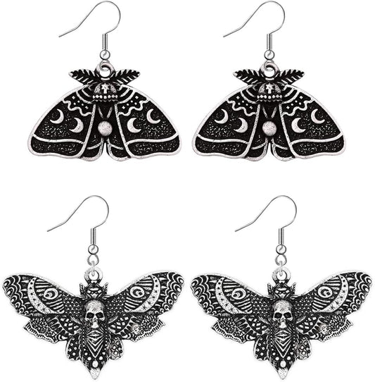 2 Pairs Goth Butterfly Dangle Earrings Luna Moth Earrings Crescent Moon Star Drop Earrings Punk Skull Pendant Earrings for Women - Silver