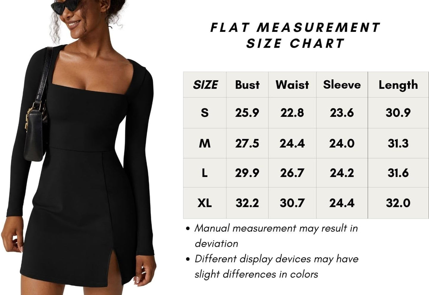 Womens Square Neck Bodice Dress Long Sleeve Side Slit Flare Mini Dresses