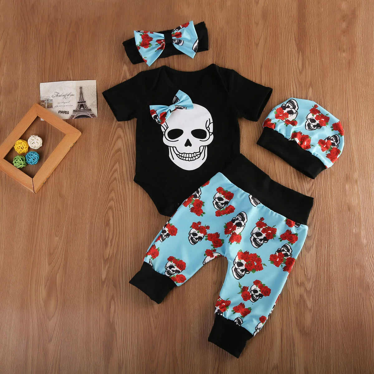 4Pcs Newborn Infant Halloween Baby Boy Clothes Jumpsuit Skull Bodysuit + Long Pants Outfit Headwear Set 0-24M