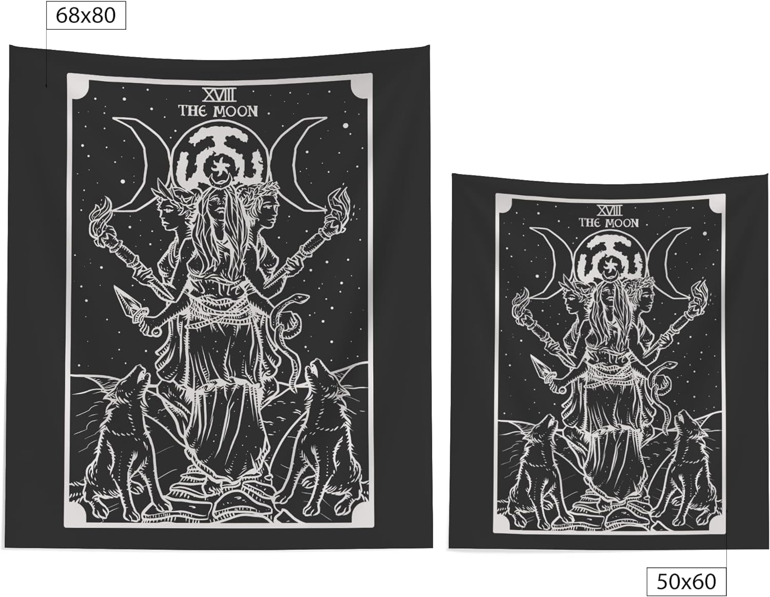 The Goddess Hecate Tarot Card Tapestry (Black & White) - Triple Moon Goddess of Witchcraft Hekate Wheel Pagan Witch Wall Hanging (60" X 50")