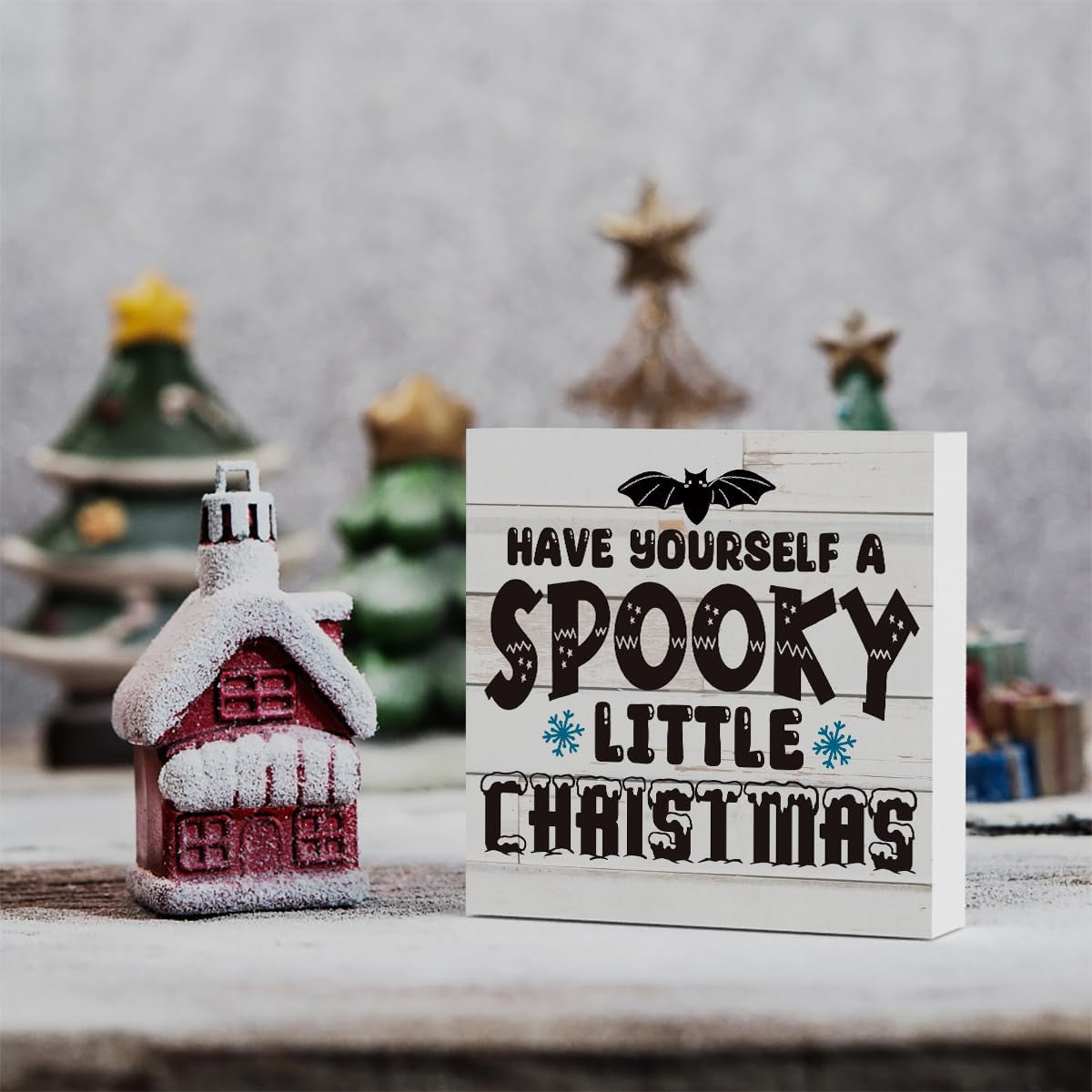 Rustic Winter Have Yourself a Spooky Little Christmas Bat Wood Box Sign, Farmhouse Christmas Santa Artwork Decor, Wood Square Sign Desk Block Signs Home Shelf Office Decoration 5 X 5 Inches