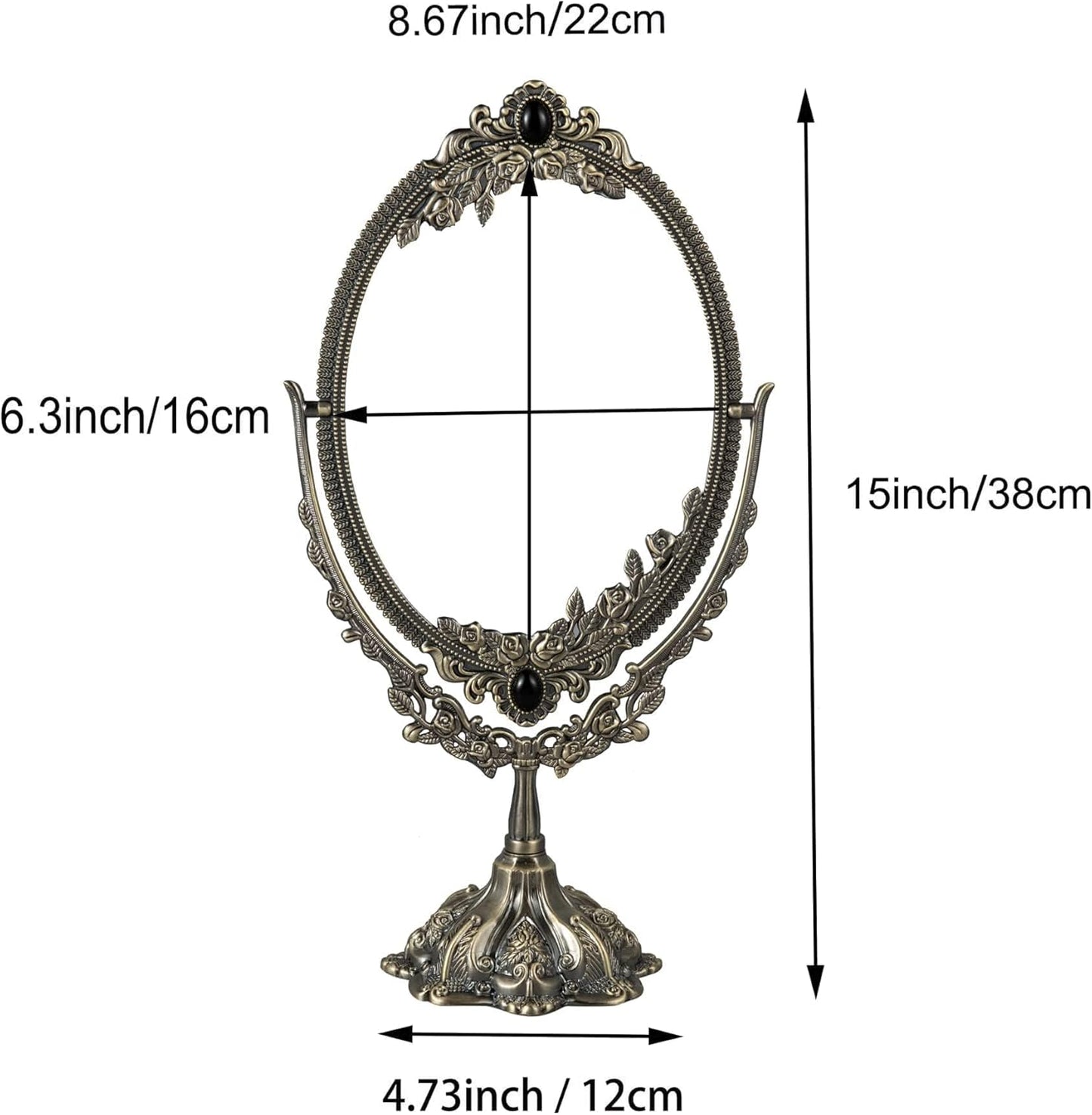 Metal Vintage Makeup Mirror Tabletop Oval Cosmetic Vanity Mirror Stand Double Sided Swivel Mirror with Embossed Frame Base Decorative Elegant Mirror for Bathroom Bedroom Dresser Tabletop