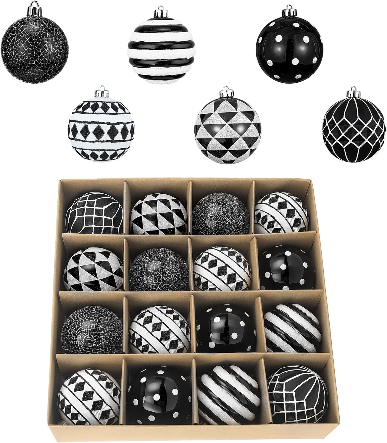 Large Christmas Ornaments Tree Decorations, 16Ct Black White Boho Shatterproof Christmas Ball Ornaments Set, 3.15 Inch Modern Hanging Ornament Bulk for Xmas Holiday Party Decor