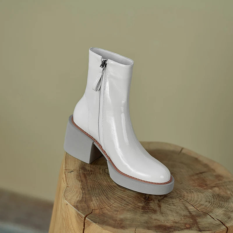 2024 White Winter Women Shoes Genuine Leather Women Boots Platform Chunky Boots Women Solid Women Shoes High Heel Boots