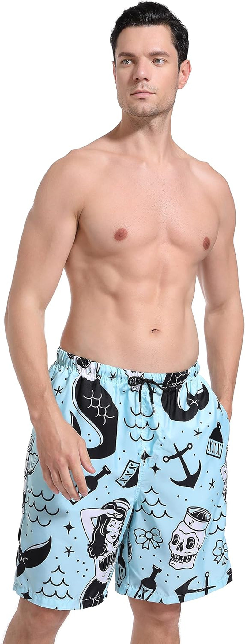 Mens Mermaid and Skull Swim Trunks Board Shorts Beach Swimwear Bathing Suit with Mesh Lined and Pockets