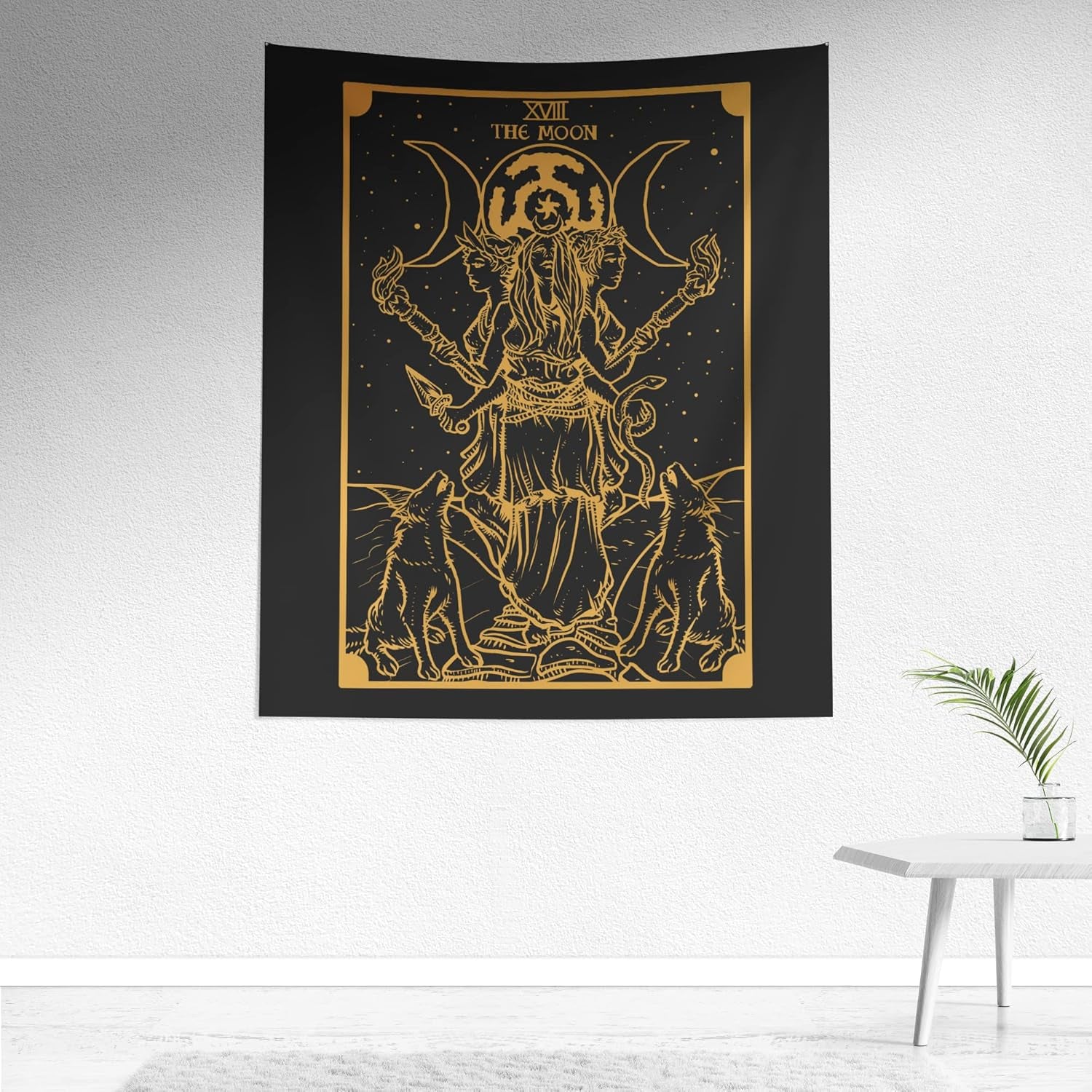 The Goddess Hecate Tarot Card Tapestry (Black & Gold) - Triple Moon Goddess of Witchcraft Hekate Wheel Pagan Witch Wall Hanging (59" X 51")