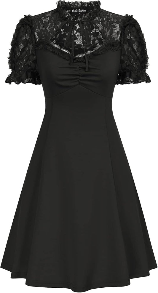 Women Lace Gothic Dress Puff Sleeve Cocktail Party Skater Dress