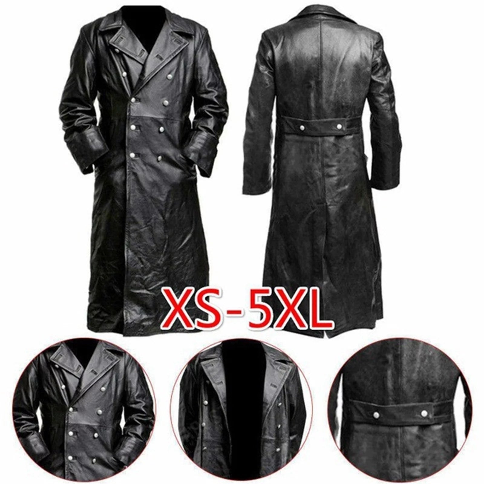 Mens Winter Leather Coats- V Neck Parka Long Sleeve Full Zip Solid Fashion Duster Leather Jacket Black